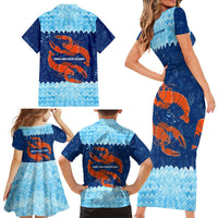 Turks and Caicos Islands Family Matching Short Sleeve Bodycon Dress and Hawaiian Shirt with Red Crab and Ocean Wave Coral Reef Design - Wonder Print Shop