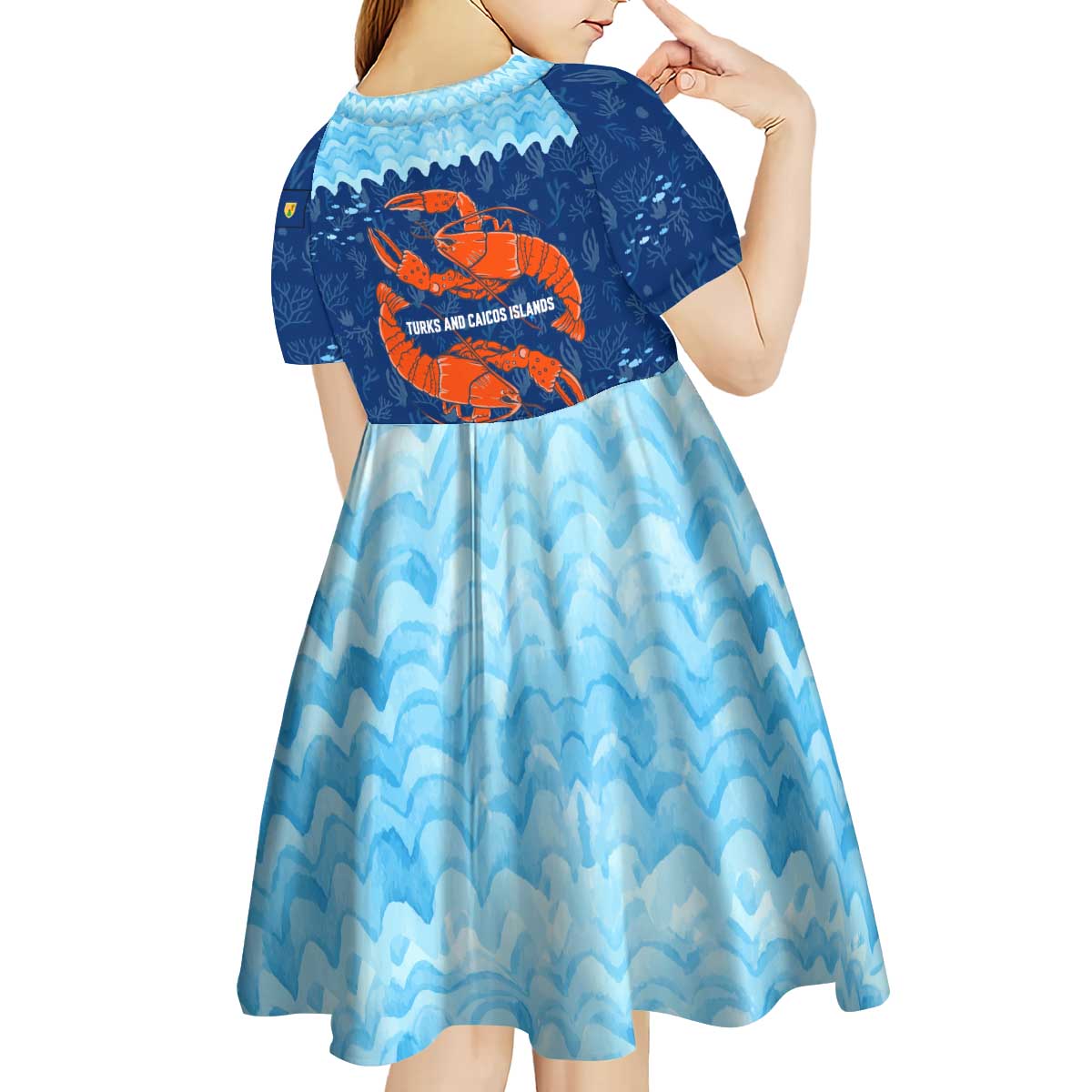 Turks and Caicos Islands Kid Short Sleeve Dress with Red Crab and Ocean Wave Coral Reef Design - Wonder Print Shop