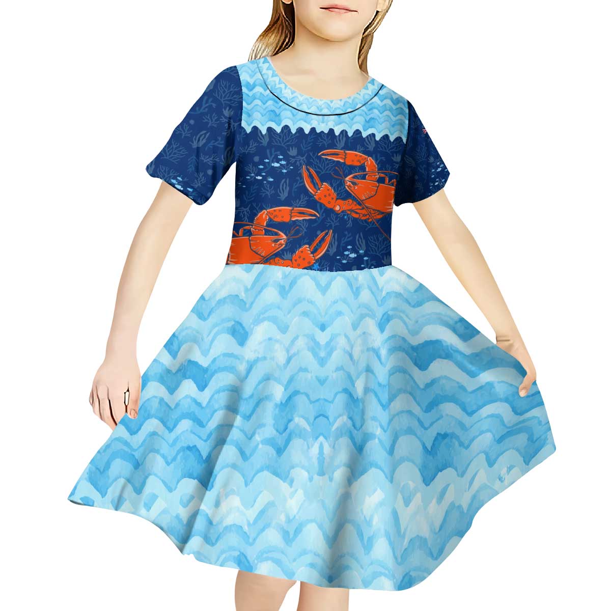 Turks and Caicos Islands Kid Short Sleeve Dress with Red Crab and Ocean Wave Coral Reef Design - Wonder Print Shop