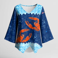 Turks and Caicos Islands Kimono Sleeve Blouse with Red Crab and Ocean Wave Coral Reef Design - Wonder Print Shop