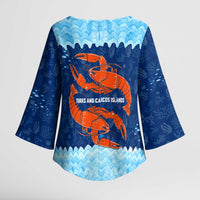 Turks and Caicos Islands Kimono Sleeve Blouse with Red Crab and Ocean Wave Coral Reef Design - Wonder Print Shop