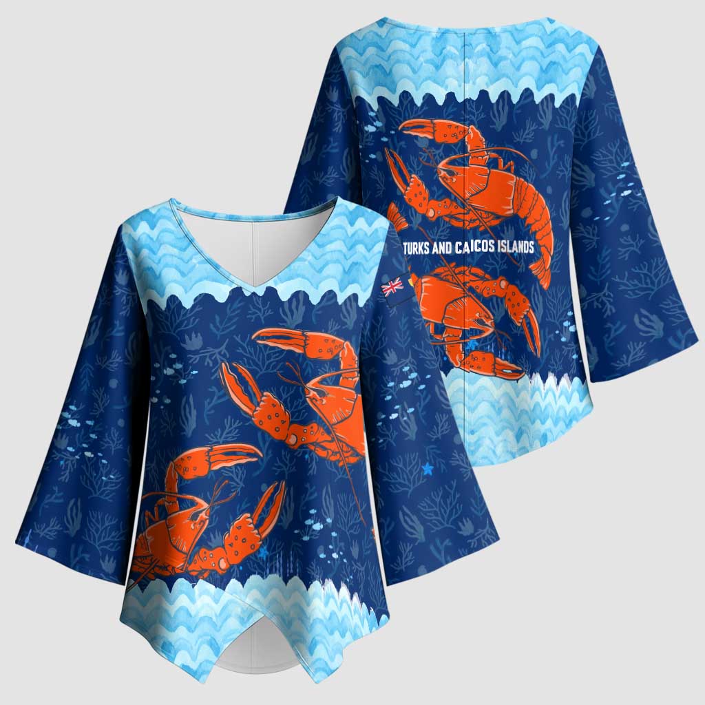 Turks and Caicos Islands Kimono Sleeve Blouse with Red Crab and Ocean Wave Coral Reef Design - Wonder Print Shop