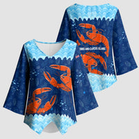 Turks and Caicos Islands Kimono Sleeve Blouse with Red Crab and Ocean Wave Coral Reef Design - Wonder Print Shop