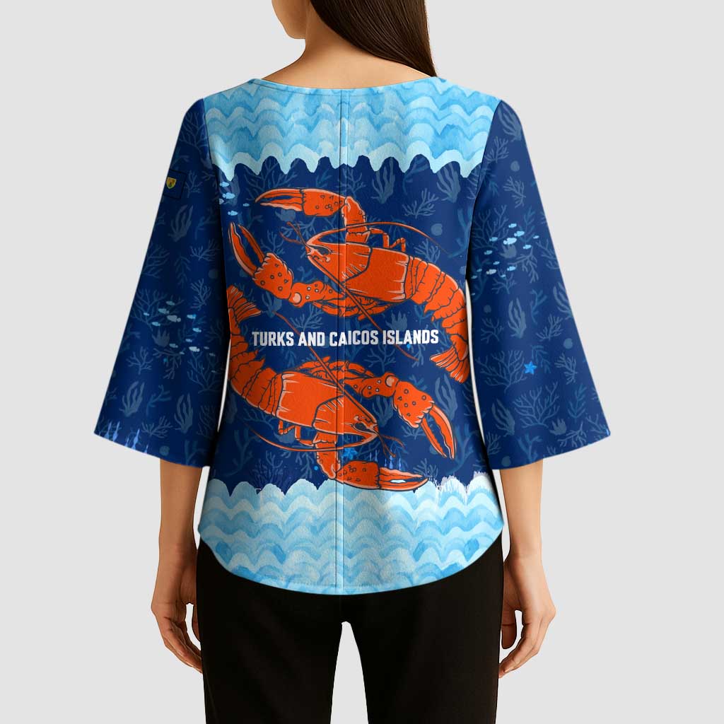 Turks and Caicos Islands Kimono Sleeve Blouse with Red Crab and Ocean Wave Coral Reef Design - Wonder Print Shop