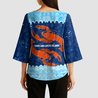 Turks and Caicos Islands Kimono Sleeve Blouse with Red Crab and Ocean Wave Coral Reef Design - Wonder Print Shop