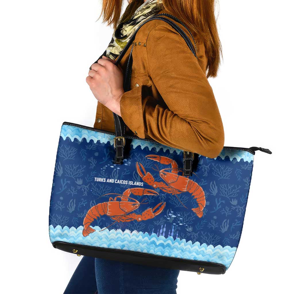 Turks and Caicos Islands Leather Tote Bag with Red Crab and Ocean Wave Coral Reef Design - Wonder Print Shop