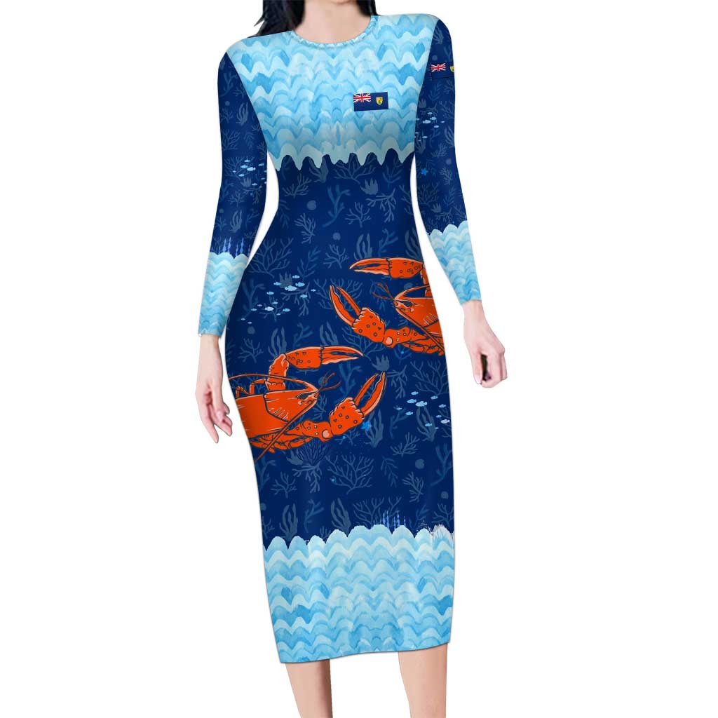 Turks and Caicos Islands Long Sleeve Bodycon Dress with Red Crab and Ocean Wave Coral Reef Design - Wonder Print Shop