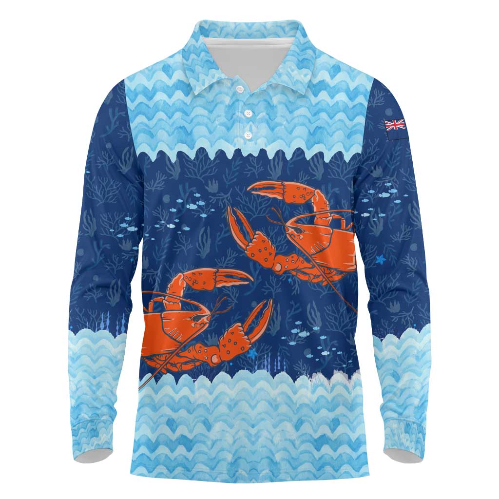 Turks and Caicos Islands Long Sleeve Polo Shirt with Red Crab and Ocean Wave Coral Reef Design - Wonder Print Shop