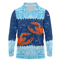 Turks and Caicos Islands Long Sleeve Polo Shirt with Red Crab and Ocean Wave Coral Reef Design - Wonder Print Shop