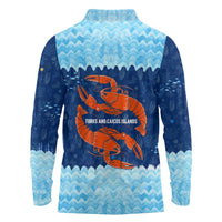 Turks and Caicos Islands Long Sleeve Polo Shirt with Red Crab and Ocean Wave Coral Reef Design - Wonder Print Shop