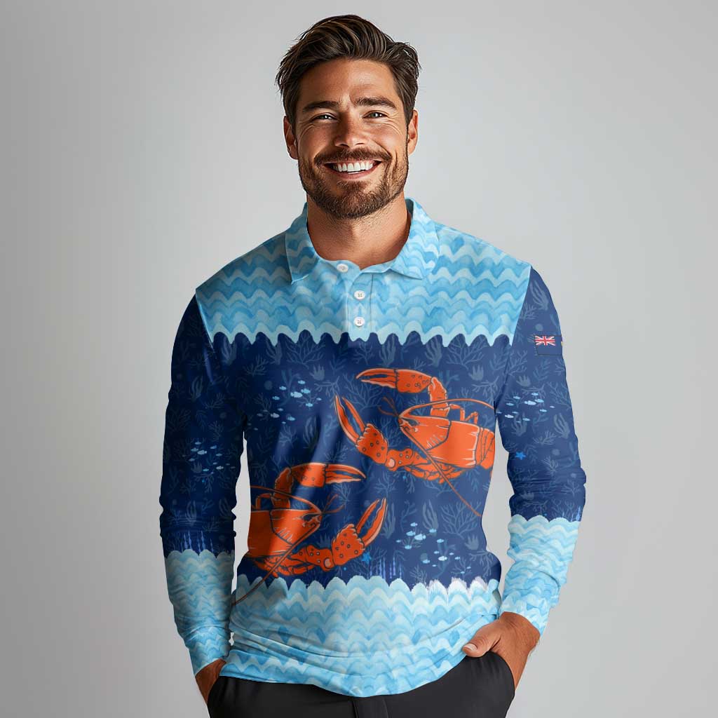 Turks and Caicos Islands Long Sleeve Polo Shirt with Red Crab and Ocean Wave Coral Reef Design - Wonder Print Shop