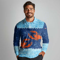 Turks and Caicos Islands Long Sleeve Polo Shirt with Red Crab and Ocean Wave Coral Reef Design - Wonder Print Shop