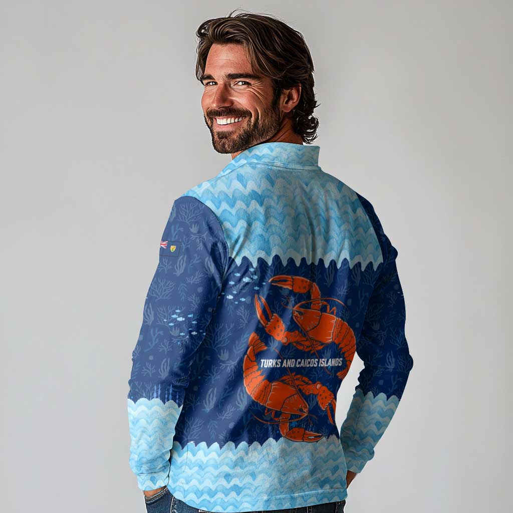 Turks and Caicos Islands Long Sleeve Polo Shirt with Red Crab and Ocean Wave Coral Reef Design - Wonder Print Shop