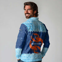 Turks and Caicos Islands Long Sleeve Polo Shirt with Red Crab and Ocean Wave Coral Reef Design - Wonder Print Shop