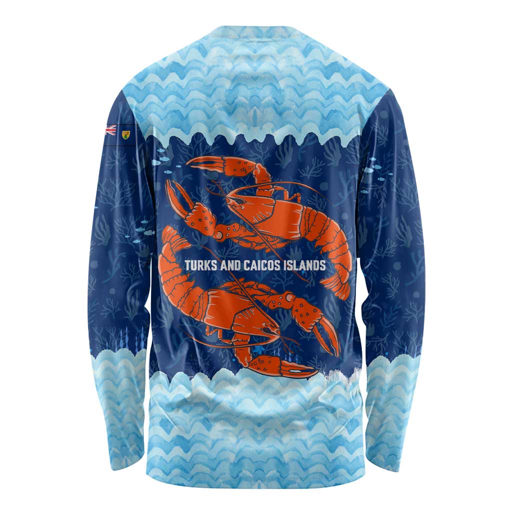 Turks and Caicos Islands Long Sleeve Shirt with Red Crab and Ocean Wave Coral Reef Design - Wonder Print Shop