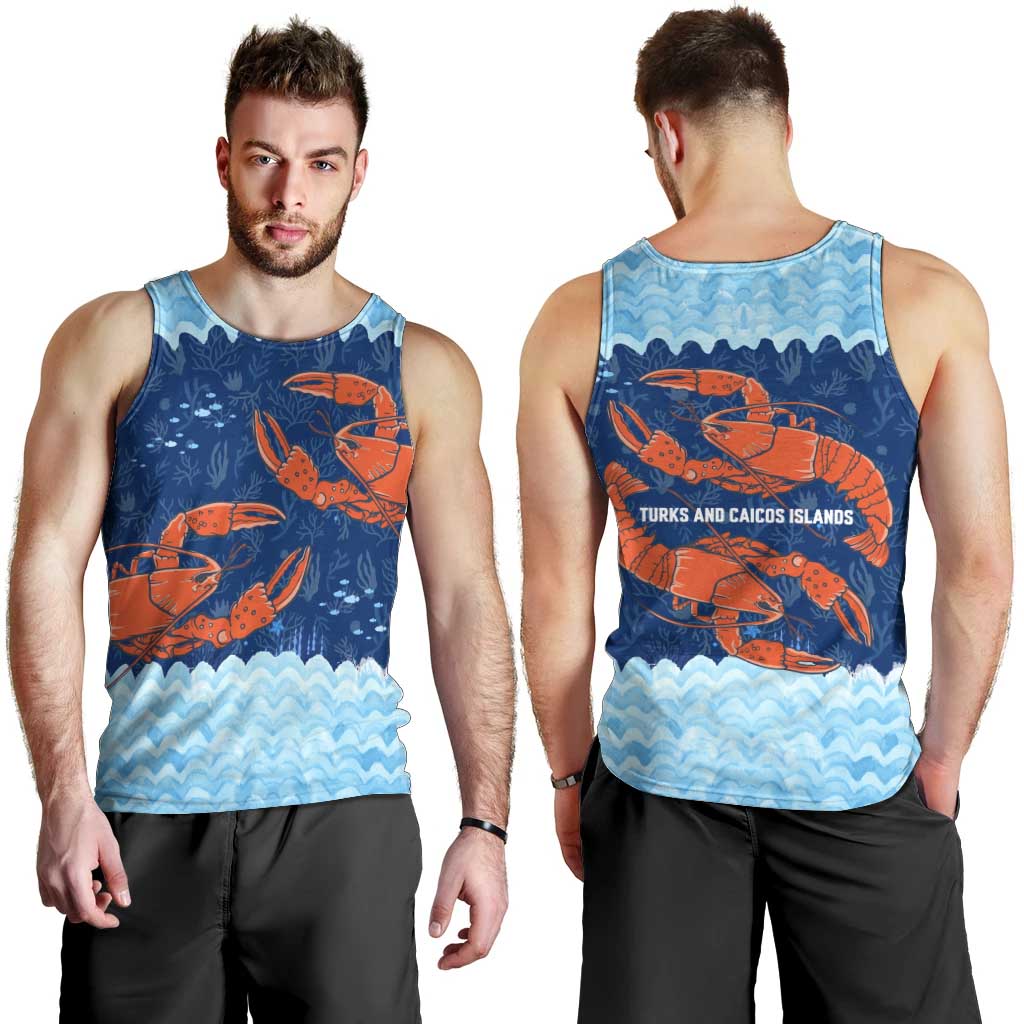 Turks and Caicos Islands Men Tank Top with Red Crab and Ocean Wave Coral Reef Design - Wonder Print Shop