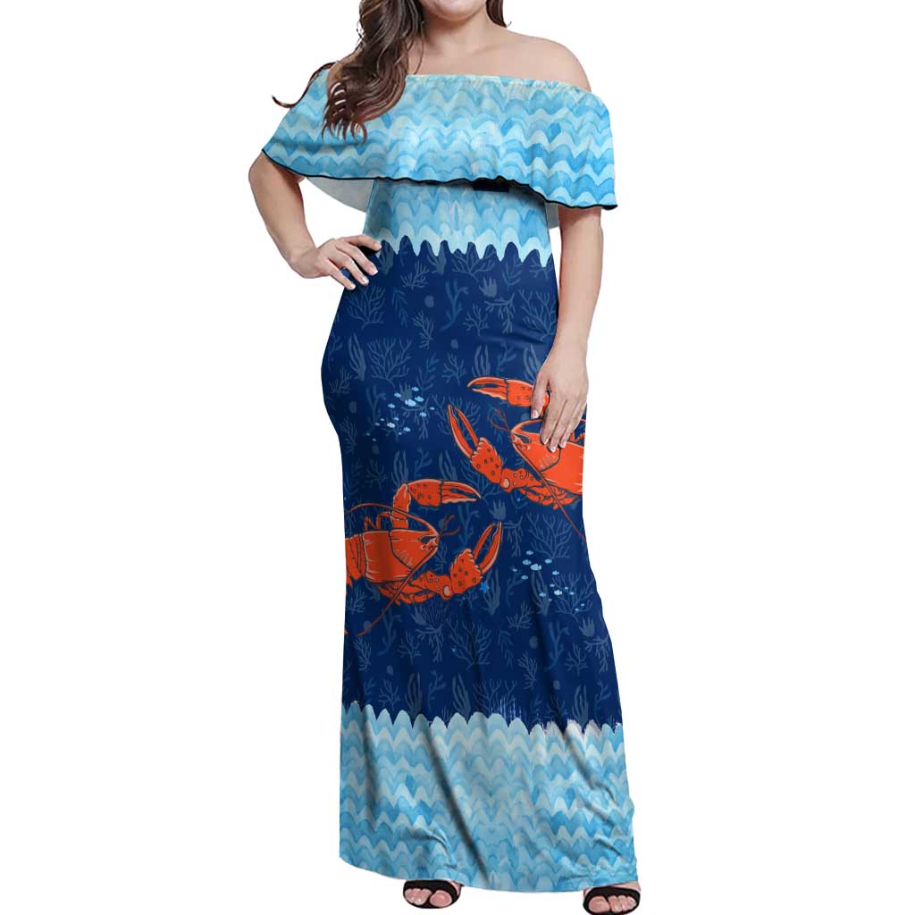 Turks and Caicos Islands Off Shoulder Maxi Dress with Red Crab and Ocean Wave Coral Reef Design - Wonder Print Shop