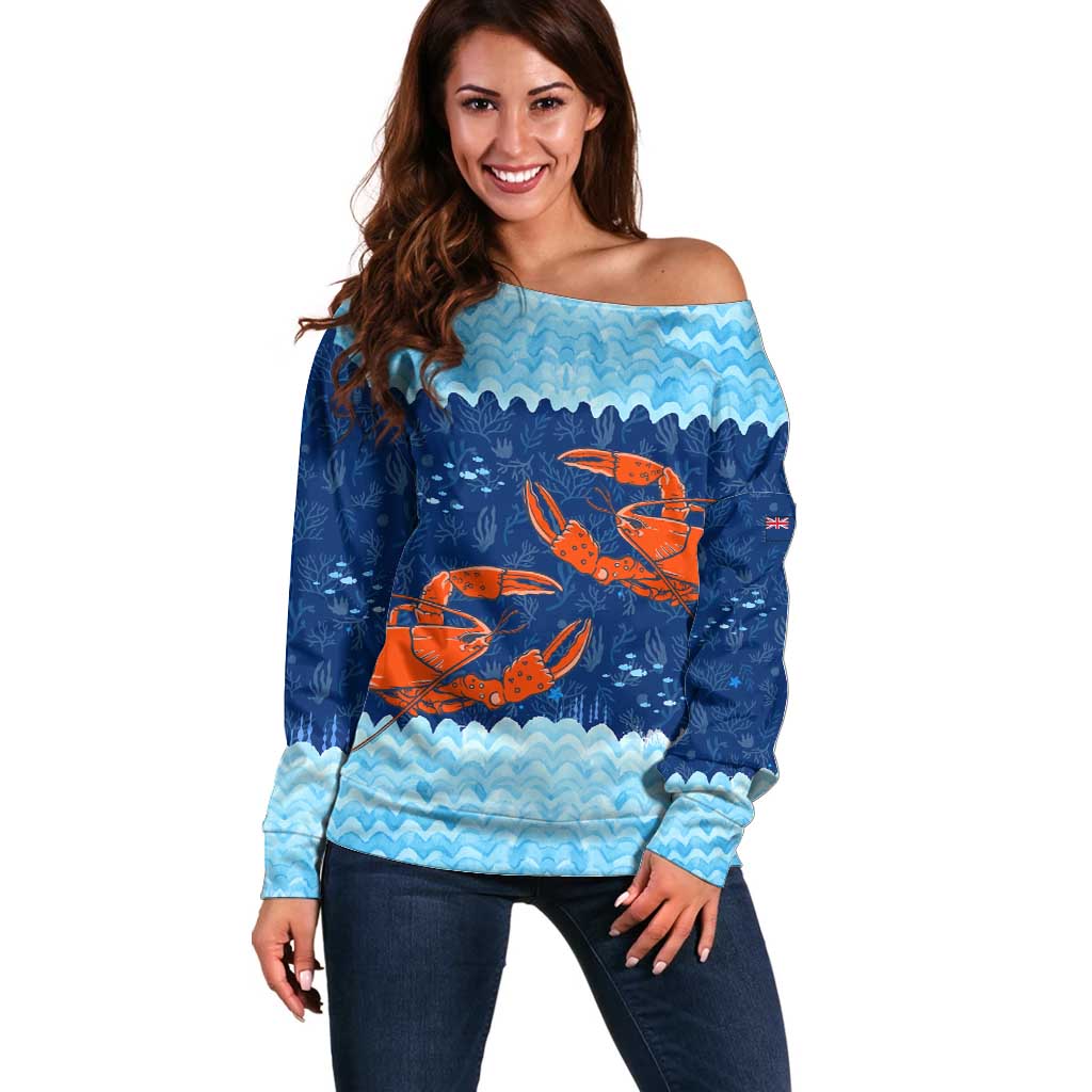 Turks and Caicos Islands Off Shoulder Sweater with Red Crab and Ocean Wave Coral Reef Design - Wonder Print Shop