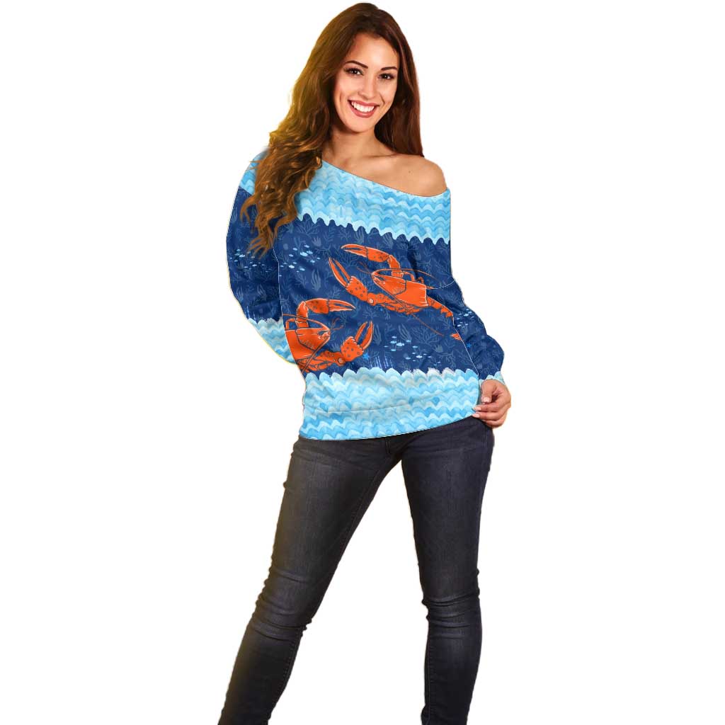 Turks and Caicos Islands Off Shoulder Sweater with Red Crab and Ocean Wave Coral Reef Design - Wonder Print Shop