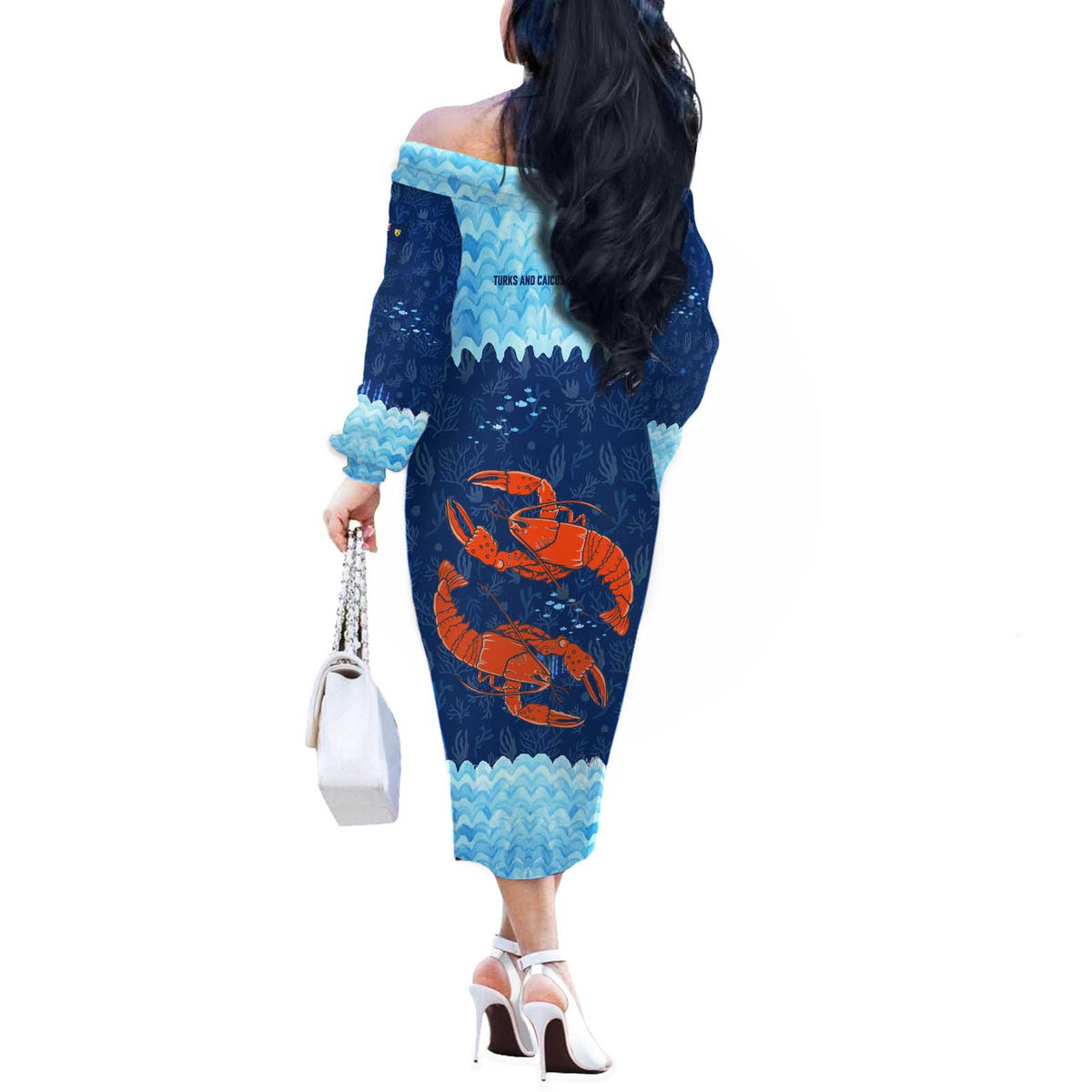 Turks and Caicos Islands Off The Shoulder Long Sleeve Dress with Red Crab and Ocean Wave Coral Reef Design - Wonder Print Shop