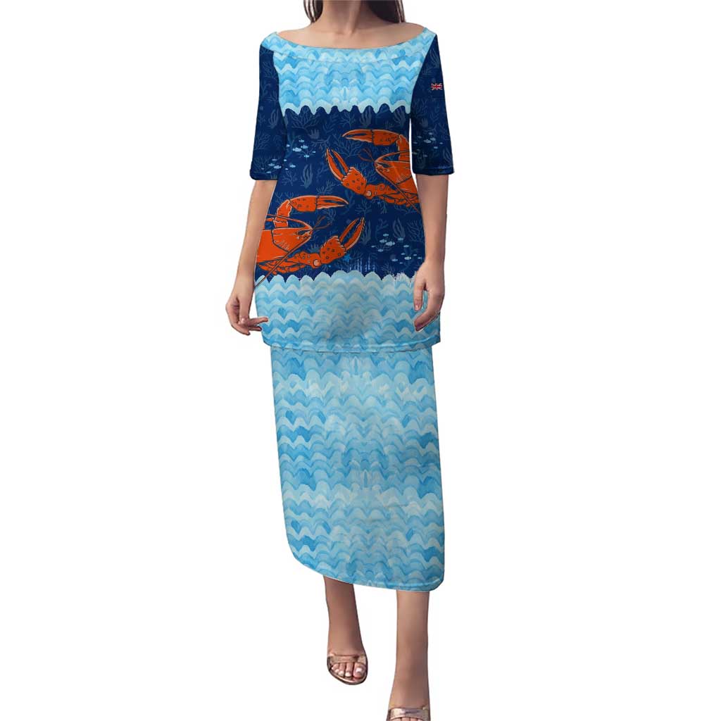 Turks and Caicos Islands Puletasi with Red Crab and Ocean Wave Coral Reef Design - Wonder Print Shop