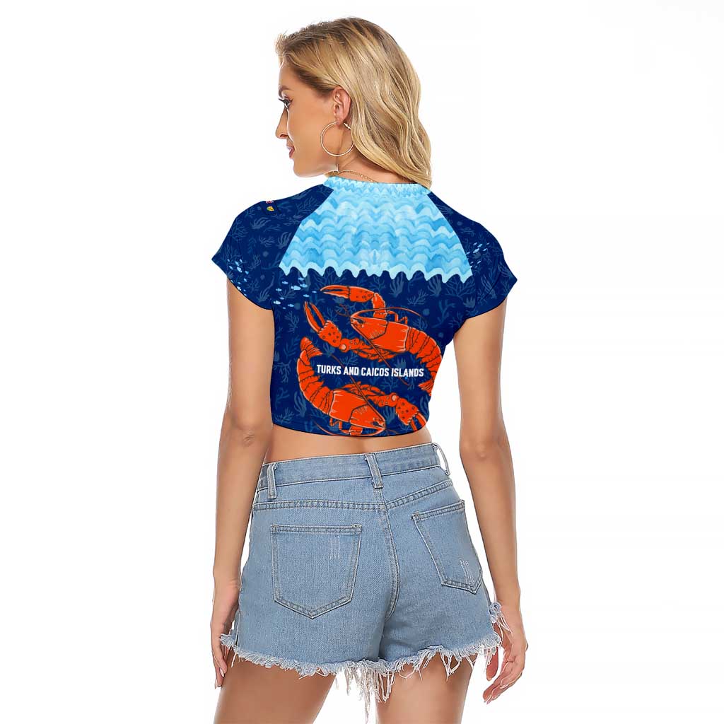 Turks and Caicos Islands Raglan Cropped T Shirt with Red Crab and Ocean Wave Coral Reef Design - Wonder Print Shop