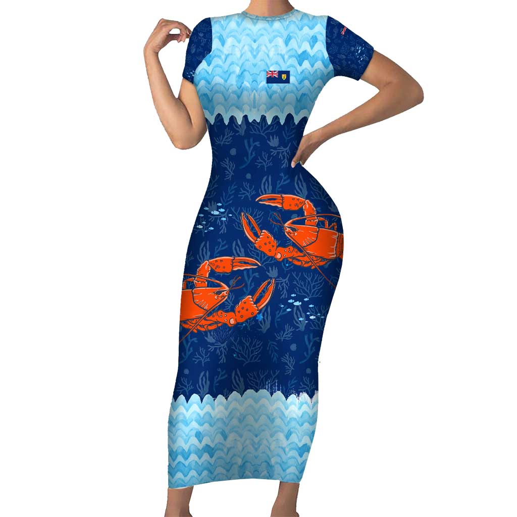 Turks and Caicos Islands Short Sleeve Bodycon Dress with Red Crab and Ocean Wave Coral Reef Design - Wonder Print Shop
