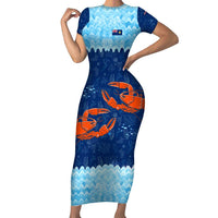 Turks and Caicos Islands Short Sleeve Bodycon Dress with Red Crab and Ocean Wave Coral Reef Design - Wonder Print Shop