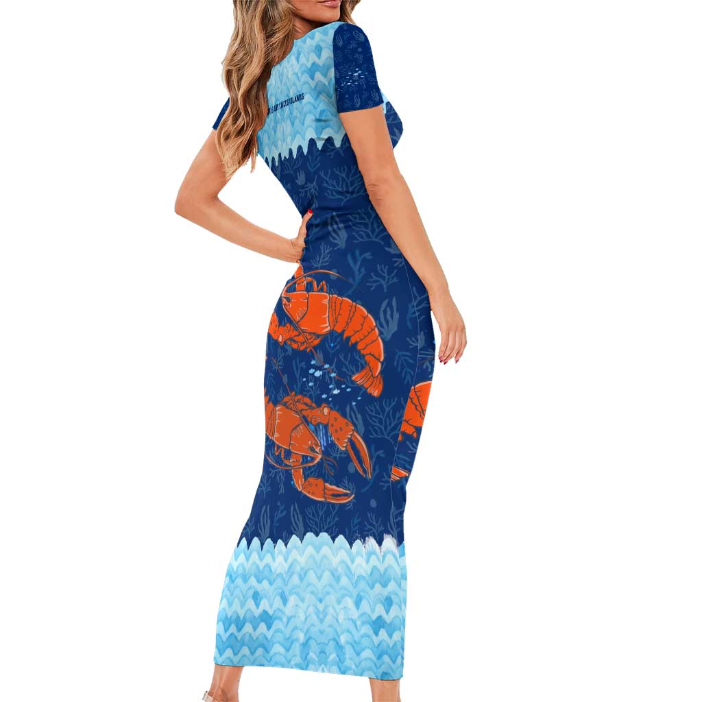 Turks and Caicos Islands Short Sleeve Bodycon Dress with Red Crab and Ocean Wave Coral Reef Design - Wonder Print Shop