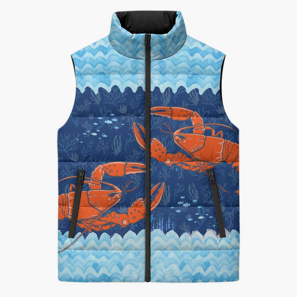 Turks and Caicos Islands Sleeveless Puffer Jacket with Red Crab and Ocean Wave Coral Reef Design - Wonder Print Shop