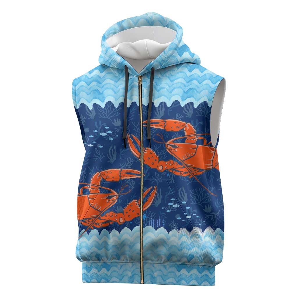 Turks and Caicos Islands Sleeveless Zip Hoodie with Red Crab and Ocean Wave Coral Reef Design - Wonder Print Shop
