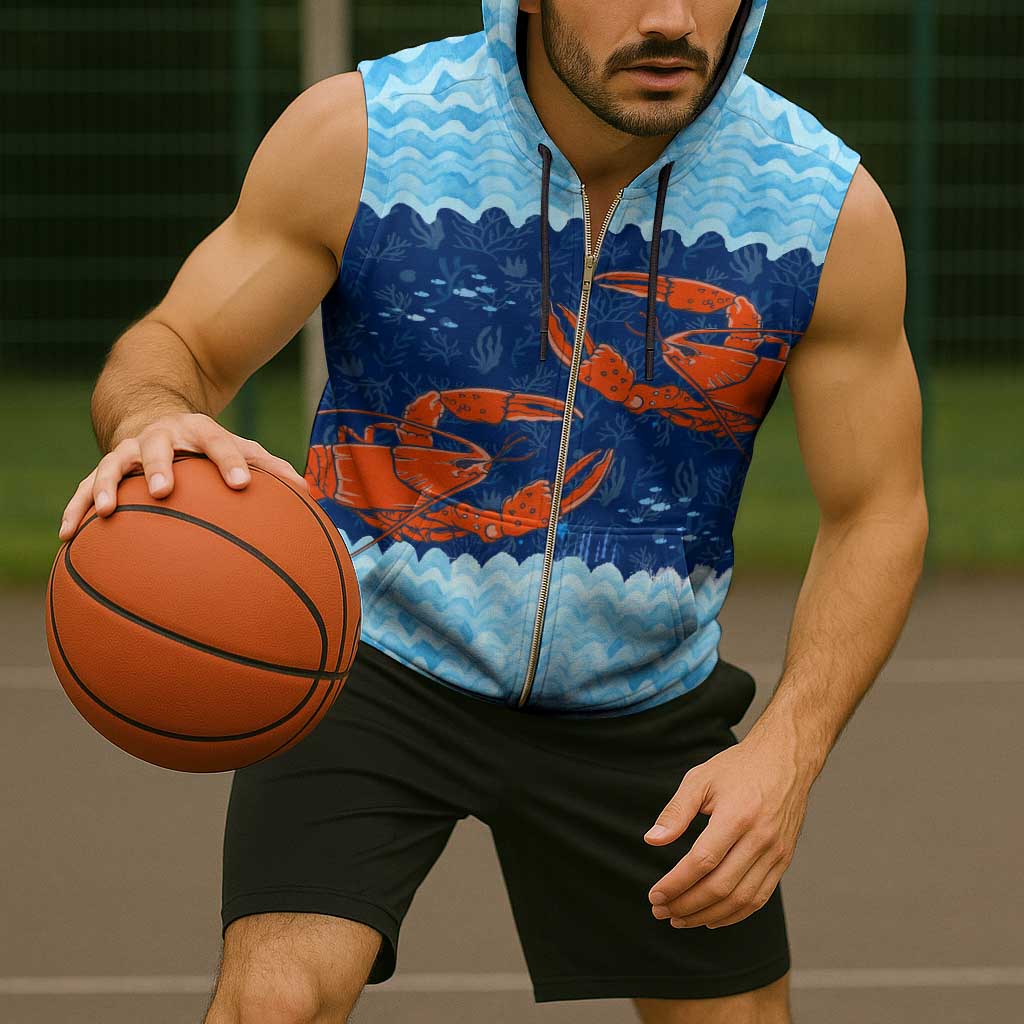 Turks and Caicos Islands Sleeveless Zip Hoodie with Red Crab and Ocean Wave Coral Reef Design - Wonder Print Shop