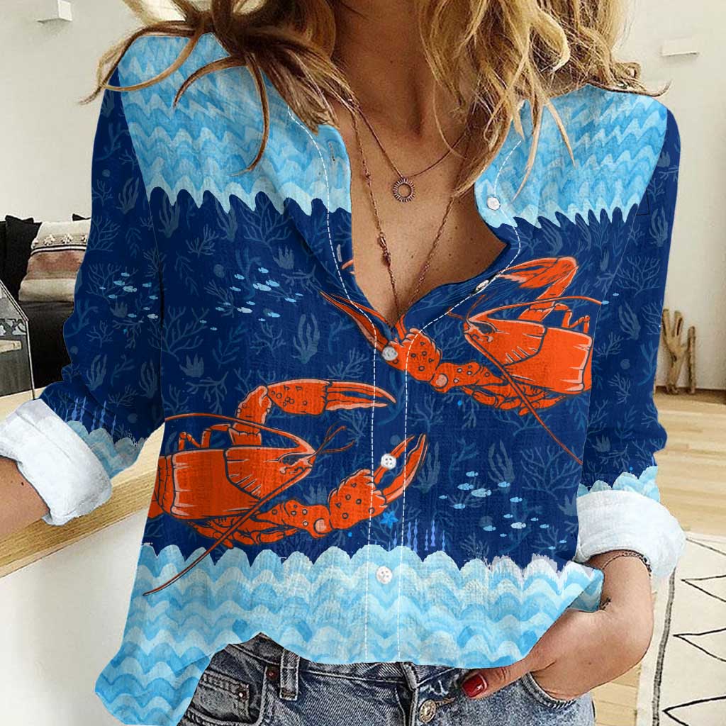 Turks and Caicos Islands Women Casual Shirt with Red Crab and Ocean Wave Coral Reef Design - Wonder Print Shop