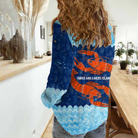 Turks and Caicos Islands Women Casual Shirt with Red Crab and Ocean Wave Coral Reef Design - Wonder Print Shop
