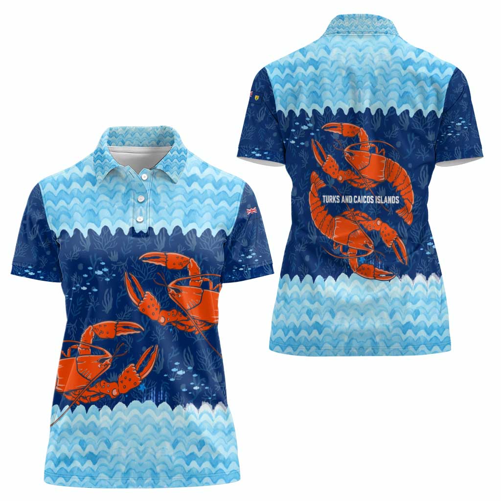 Turks and Caicos Islands Women Polo Shirt with Red Crab and Ocean Wave Coral Reef Design - Wonder Print Shop