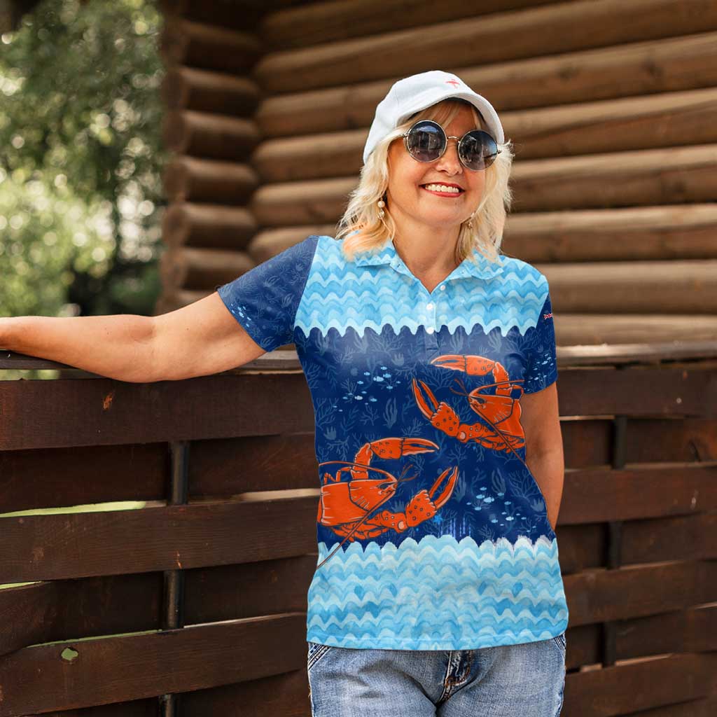 Turks and Caicos Islands Women Polo Shirt with Red Crab and Ocean Wave Coral Reef Design - Wonder Print Shop
