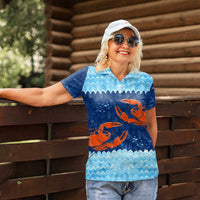 Turks and Caicos Islands Women Polo Shirt with Red Crab and Ocean Wave Coral Reef Design - Wonder Print Shop