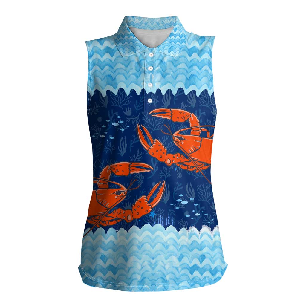 Turks and Caicos Islands Women Sleeveless Polo Shirt with Red Crab and Ocean Wave Coral Reef Design - Wonder Print Shop