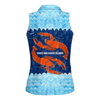Turks and Caicos Islands Women Sleeveless Polo Shirt with Red Crab and Ocean Wave Coral Reef Design - Wonder Print Shop