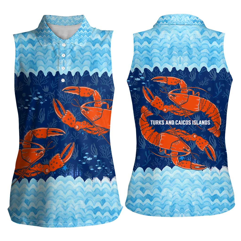 Turks and Caicos Islands Women Sleeveless Polo Shirt with Red Crab and Ocean Wave Coral Reef Design - Wonder Print Shop