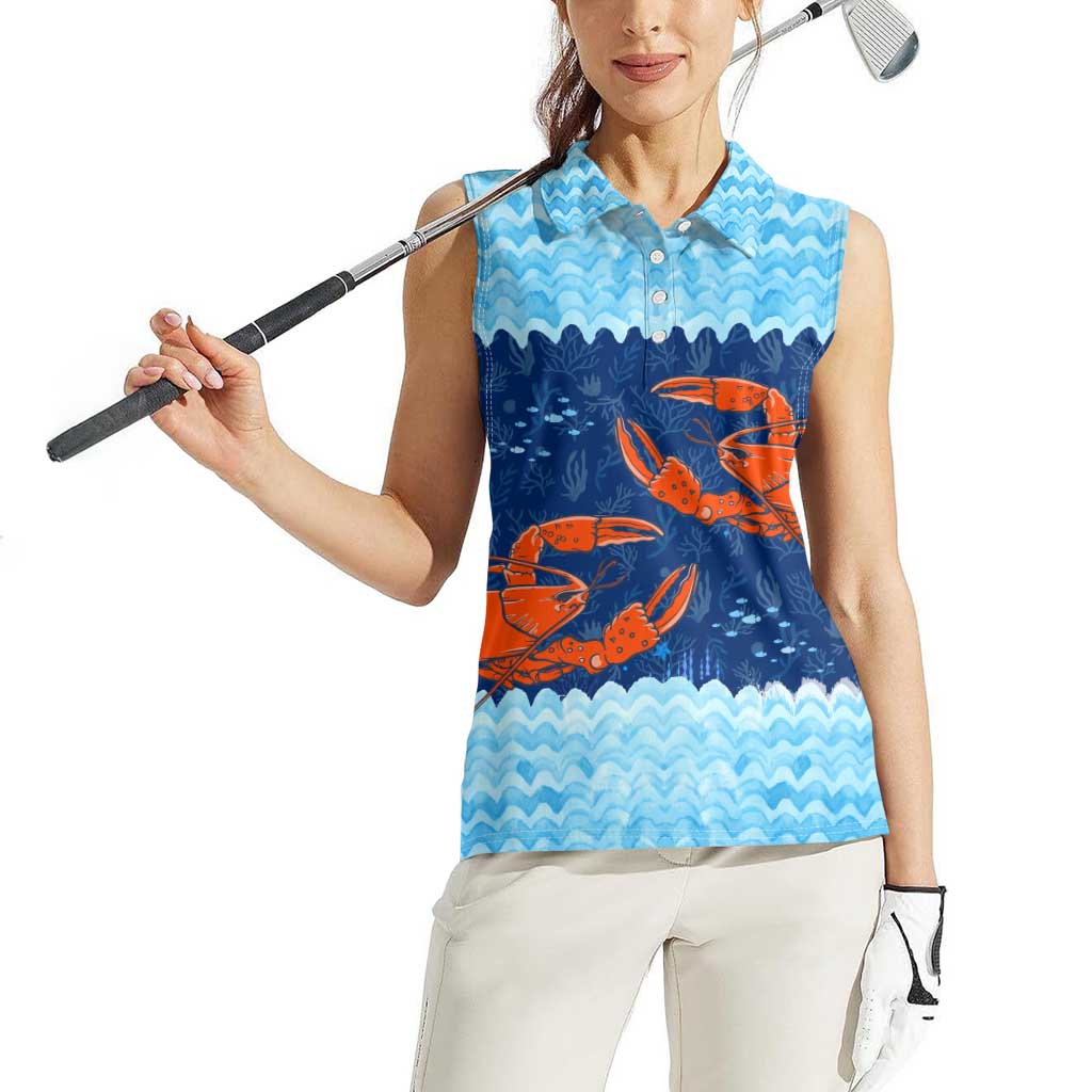 Turks and Caicos Islands Women Sleeveless Polo Shirt with Red Crab and Ocean Wave Coral Reef Design - Wonder Print Shop