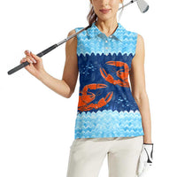 Turks and Caicos Islands Women Sleeveless Polo Shirt with Red Crab and Ocean Wave Coral Reef Design - Wonder Print Shop