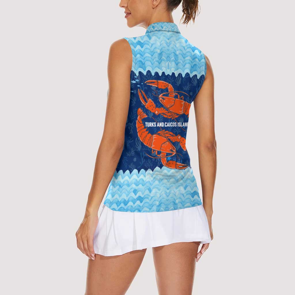 Turks and Caicos Islands Women Sleeveless Polo Shirt with Red Crab and Ocean Wave Coral Reef Design - Wonder Print Shop