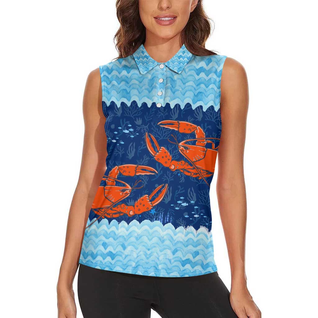 Turks and Caicos Islands Women Sleeveless Polo Shirt with Red Crab and Ocean Wave Coral Reef Design - Wonder Print Shop