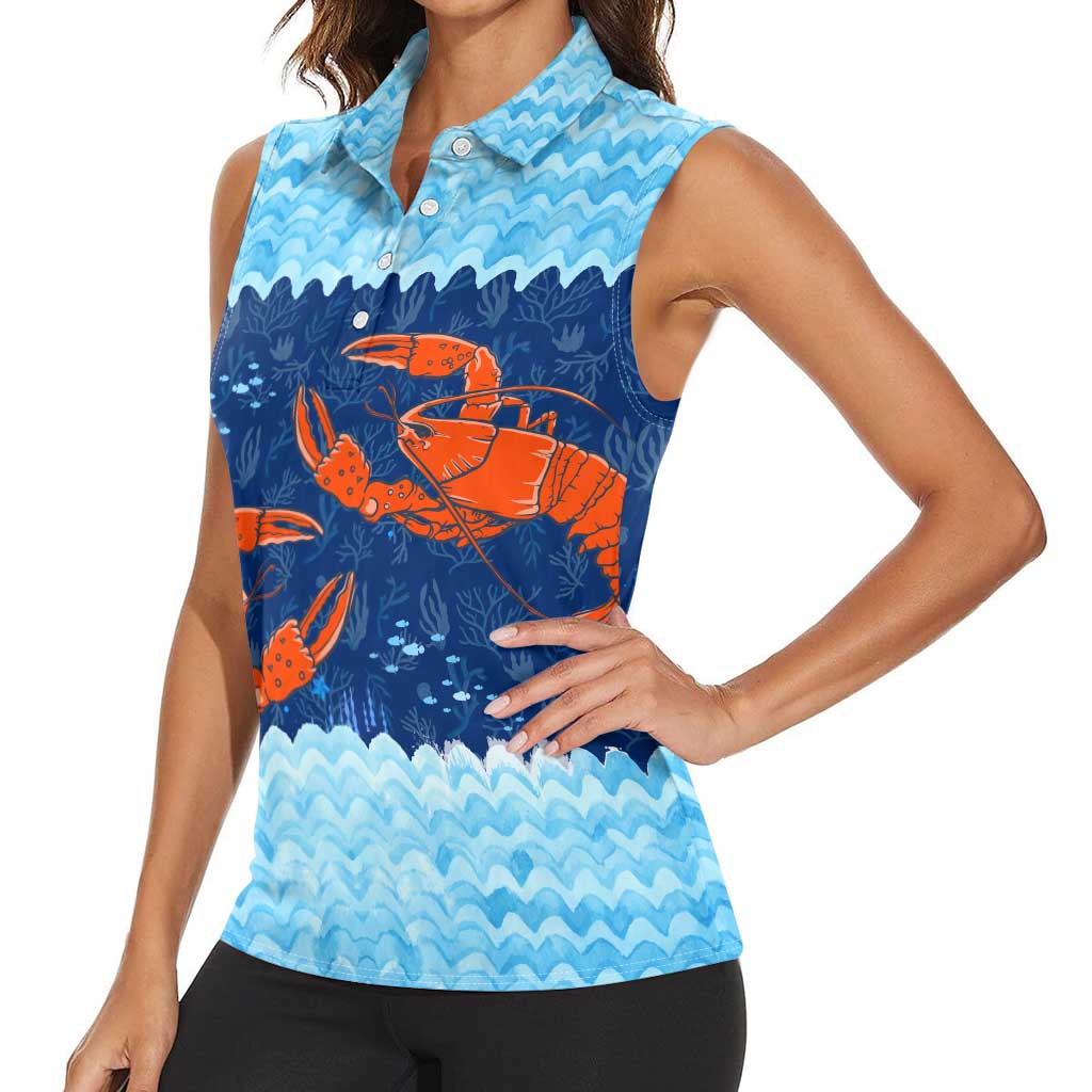 Turks and Caicos Islands Women Sleeveless Polo Shirt with Red Crab and Ocean Wave Coral Reef Design - Wonder Print Shop