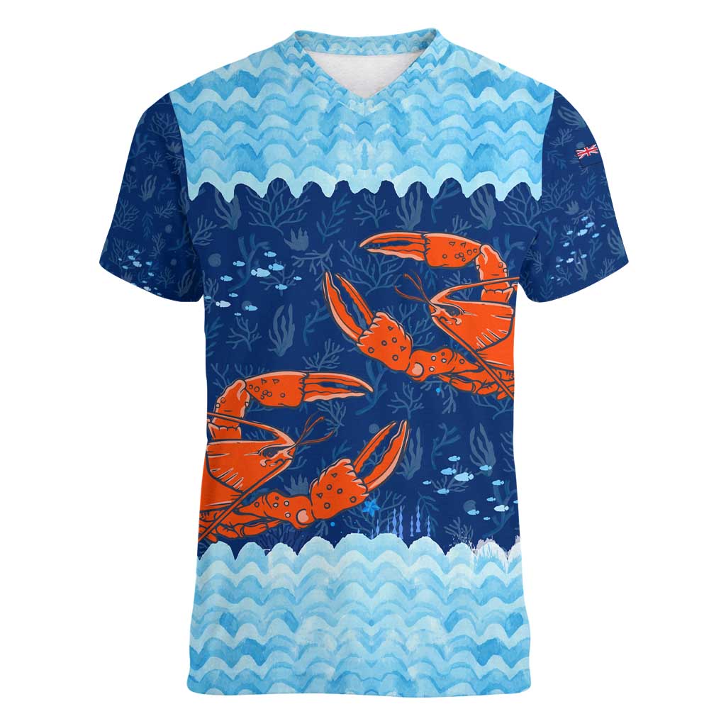 Turks and Caicos Islands Women V-Neck T-Shirt with Red Crab and Ocean Wave Coral Reef Design - Wonder Print Shop