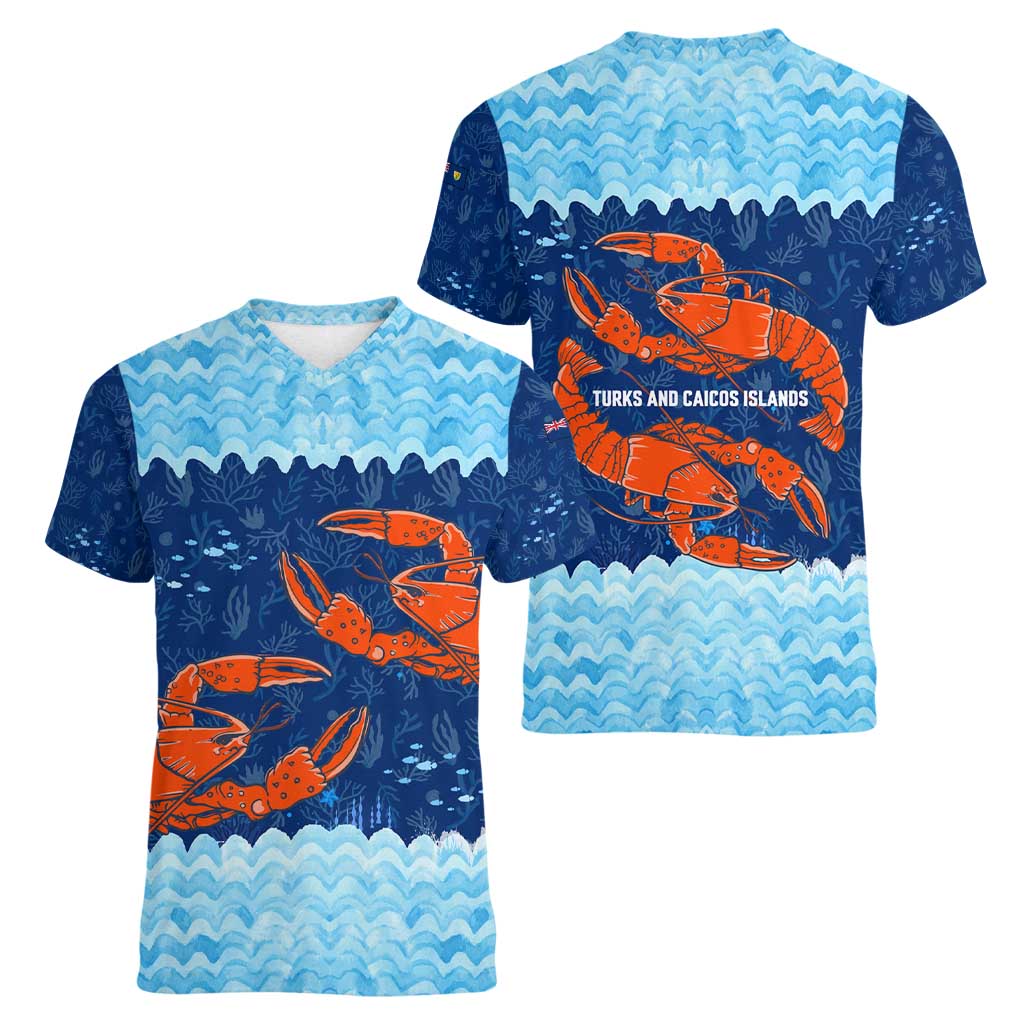 Turks and Caicos Islands Women V-Neck T-Shirt with Red Crab and Ocean Wave Coral Reef Design - Wonder Print Shop