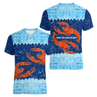 Turks and Caicos Islands Women V-Neck T-Shirt with Red Crab and Ocean Wave Coral Reef Design - Wonder Print Shop