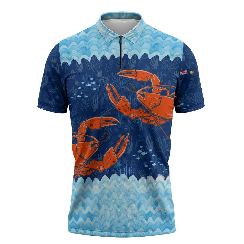 Turks and Caicos Islands Zipper Polo Shirt with Red Crab and Ocean Wave Coral Reef Design - Wonder Print Shop
