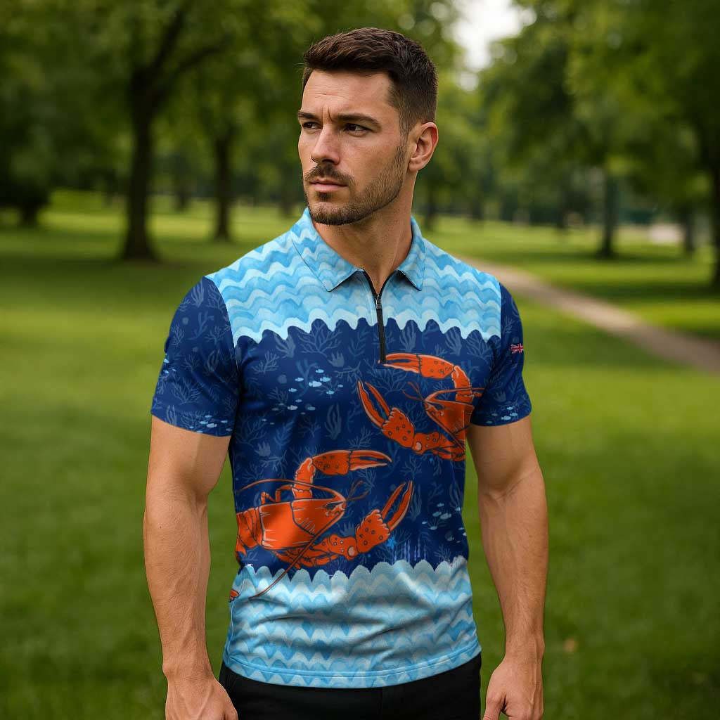 Turks and Caicos Islands Zipper Polo Shirt with Red Crab and Ocean Wave Coral Reef Design - Wonder Print Shop